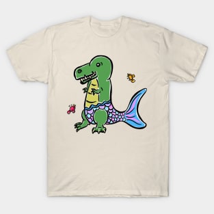 Mermaid Tail Tyrannosaurus Dinosaur Dino Cartoon Cute Character T-Shirt